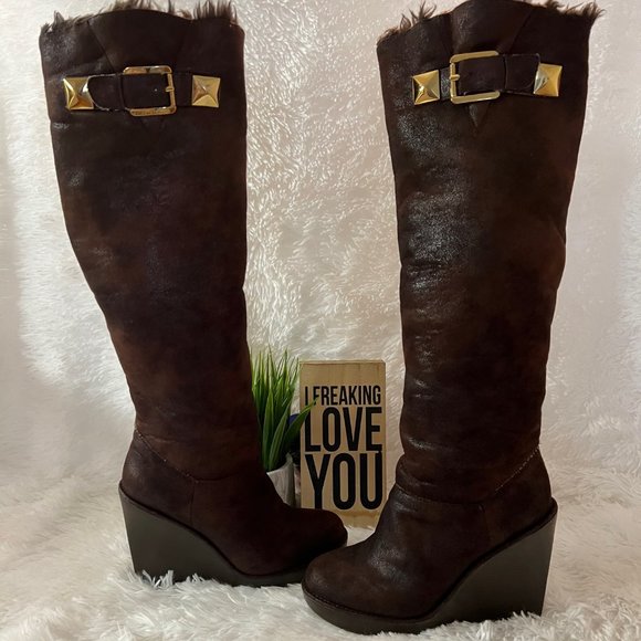 Michael Kors Shoes - 🎉HP🎉 Michael Kors Calista Faux Fur Lined Distressed Knee-High Wedge Boots
